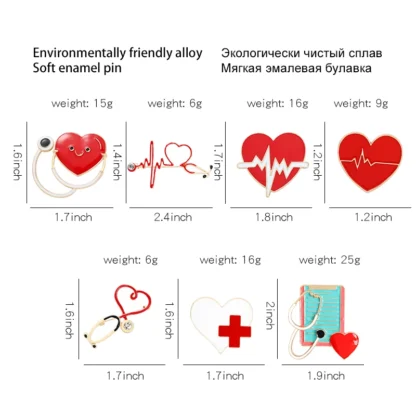 Broche de estetoscopio de corazón rojo, alfileres de esmalte de médico y enfermera, Pin de solapa de cuello de electrocardiograma, joyería médica Unisex, regalo al por mayor