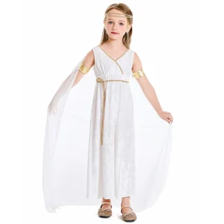 Glamuroso estilo mitología griega para niñas, vestido largo con capa blanca, conjuntos de disfraces de diosa Santa de Halloween de 4 piezas con diseño lujoso