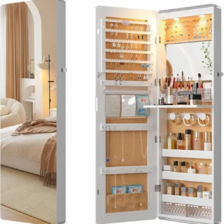 Armario de joyería con espejo LED, organizador de joyas montado en la pared de 47,2 "con espejo de longitud completa, sobre la puerta, Armo para colgar joyas