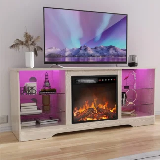 Soporte para TV con chimenea de 18 pulgadas, centro de entretenimiento moderno para televisores de hasta 70 pulgadas, consola para TV multimedia (Beige)