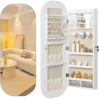Gabinete de joyería con espejo LED, gabinete de gabinete de joyería redondeado, organizador de joyas montado en la pared o en puerta con cerradura con interior
