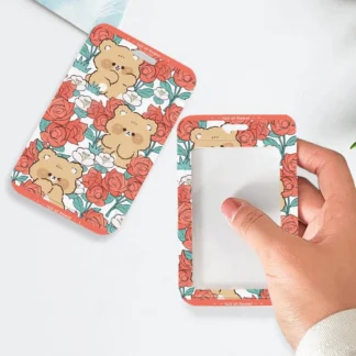 Estuche para tarjetas de estudiante Rose Bush Bear, funda protectora para tarjetas de autobús, almacenamiento de tarjetas coloridas, bolsa para fotos, soporte para tarjetas credenciales con cordón