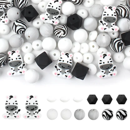 Juego de cuentas de silicona redondas de cebra para fabricación de joyas, accesorios para llaveros, pulsera de joyería DIY, 20/30 piezas