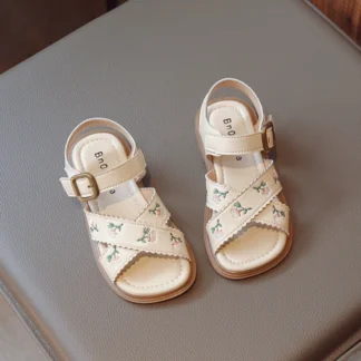 Sandalias planas con bordado de flores para niña, sandalias informales suaves, versátiles, de estilo antiguo, a la moda, para verano