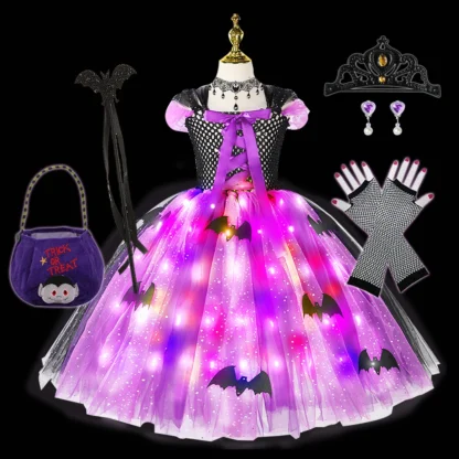 Disfraz de bruja con luz LED para niñas, vestido de tutú de murciélago, Cosplay, Carnaval, fiesta, vestidos de baile hechos a mano