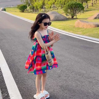 Verano diario estilo casual ropa de niña correa de encaje Color contrastante vestido estampado de corazón para 3-7 años