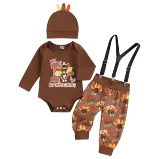 Traje de Acción de Gracias para bebé, peleles de manga larga con estampado de pavo y pantalones con tirantes, conjunto de sombrero, ropa de primavera de 3 piezas