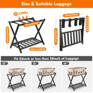 Portaequipajes plegable de madera de bambú, portaequipajes portátil para el hogar, doble nivel, con correas negras