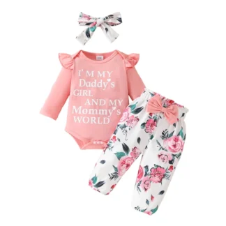 Conjunto de ropa con estampado de letras para niña, Pelele de manga larga con cuello redondo, pantalones largos con estampado Floral, diadema, 3 piezas, otoño