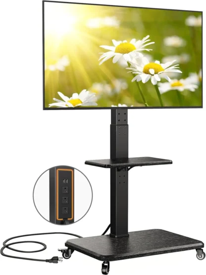 Soporte para TV móvil con toma de corriente, carrito para TV con ruedas inclinable y giratorio para televisores de 32 a 65 70 y 75 pulgadas de hasta 110 libras, altura ajustable