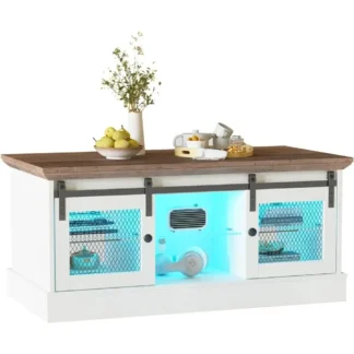 Mesa de salón con luces LED, almacenamiento y puerta corrediza, estantes ajustables, mueble rectangular central rústico