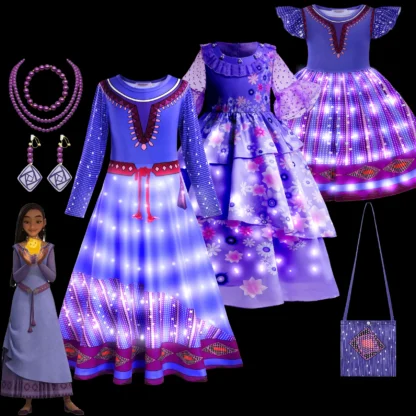 Disfraz de princesa Disney Wish para niños, vestido con luz Led Asha Isabella, Cosplay para niñas, Carnaval, fiesta de cumpleaños, ropa larga púrpura