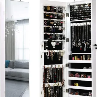 Gabinete de joyería con puerta de pared con espejo de longitud completa, organizador de joyas de almacenamiento grande con cerradura de 2 LED con espejo de 47,5 pulgadas, B