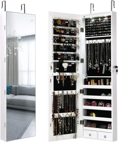 Gabinete de joyería con puerta de pared con espejo de longitud completa, organizador de joyas de almacenamiento grande con cerradura de 2 LED con espejo de 47,5 pulgadas, B