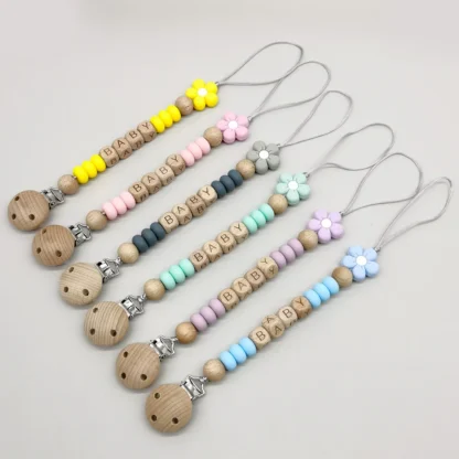Clip de cadena de chupete de bebé personalizado con nombre personalizado, flor, cuentas de silicona, soporte de pezón simulado, protector, mordedor, colgante, cosas para recién nacidos