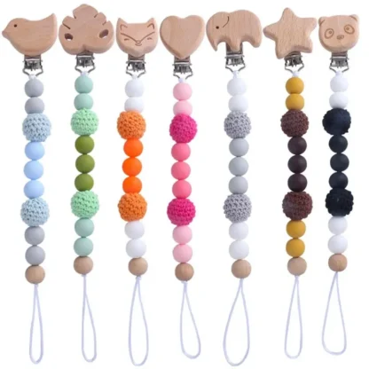 Clips de madera para chupete de animales, cadena de cuentas de silicona, soporte para pezones, regalo de bienvenida para recién nacido