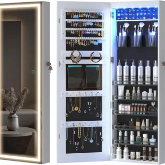 Armario de joyería con espejo LED, organizador de joyas de montaje en pared/puerta con luces, espejo de longitud completa con almacenamiento de joyas