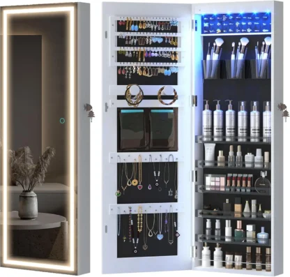 Armario de joyería con espejo LED, organizador de joyas de montaje en pared/puerta con luces, espejo de longitud completa con almacenamiento de joyas