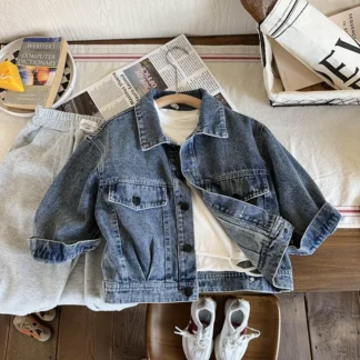 Chaqueta vaquera con cuello vuelto para niños, abrigo informal holgado de estilo coreano para primavera y otoño