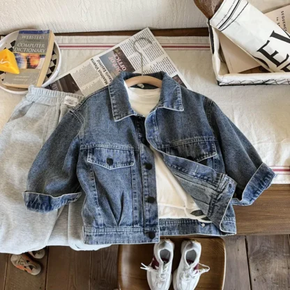 Chaqueta vaquera con cuello vuelto para niños, abrigo informal holgado de estilo coreano para primavera y otoño