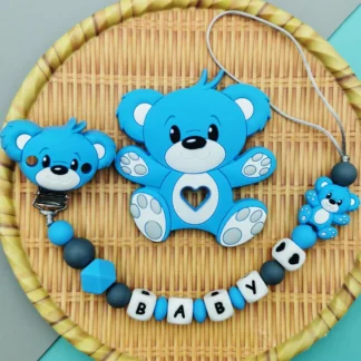Colgante de cuentas de silicona con nombre de oso de bebé, mordedor de cadena, Clips de chupete, regalos de juguete Kawaii, inglés, ruso, personalizado