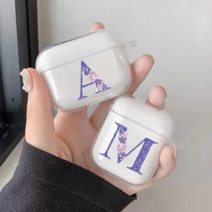 Funda de auriculares con letras iniciales para Airpods de 3. ª generación, funda Retro con flores púrpuras, funda transparente suave para Airpods 1 y 2 Pro, 2022