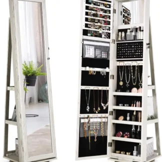 360 °   Armario de joyería giratorio con espejo de maquillaje interior de longitud completa superior, organizador de gabinete con cerradura de pie, Ca grande