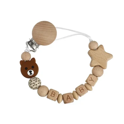 Cadena de Clips de chupete con nombre personalizado, cuentas de silicona de madera, soporte de pezón simulado para recién nacido, juguetes de dentición, regalo para masticar