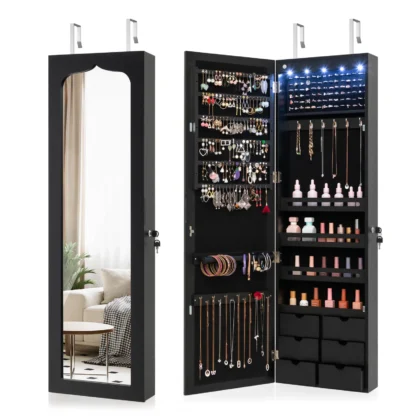 Armario de joyería con espejo LED montado en la puerta de pared, armario bloqueable con 6 cajones, negro