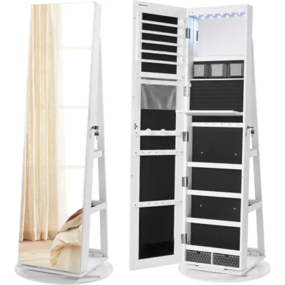 Gabinete de joyería con espejo con cerradura de 6 LED, 360 °   Organizador de joyas giratorio, espejo de longitud completa sin marco, 3 estantes de almacenamiento