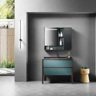 Gabinete de espejo inteligente con espejo montado en verde pino frío con luz LED para baño