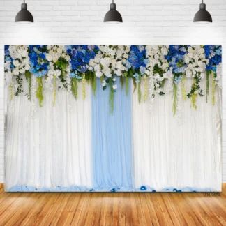 Cortina blanca y azul para estudio fotográfico, telón de fondo decorativo con rosas y flores, ideal para fiesta de boda y sesión fotográfica