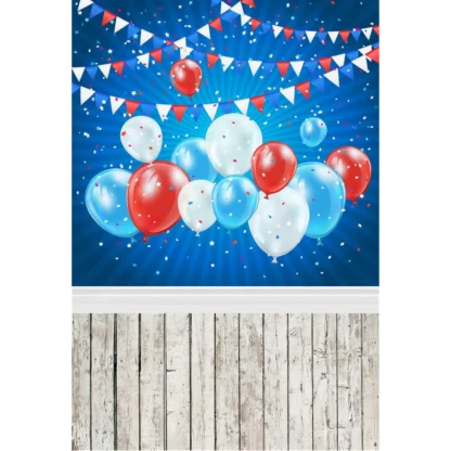 Fondo de cumpleaños con estampado Digital para niños, banderines con estrellas, globos blancos, azules, rojos, recién nacidos, fondos de fotografía para fiesta de bebé, suelo de madera