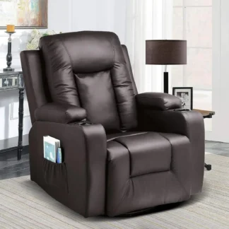 Sillón reclinable, mecedora de PU para adultos, sillón reclinable giratorio con portavasos, calor y masaje, asiento individual para sofá con