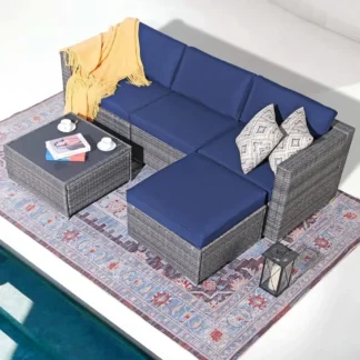 Patiorama Juego de muebles para patio al aire libre de 5 piezas, juego de conversación segmentada para exteriores, mimbre PE gris con cojines azul marino