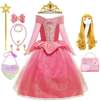 Vestido de princesa Aurora para niña, disfraz de Halloween, disfraz de Bella Durmiente, fiesta de boda, vestido de volantes rosa
