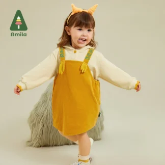Amila-Conjunto de falda para niño y niña, ropa de bebé con bordado en contraste, tirantes en los hombros, mangas cálidas, Otoño, 2023