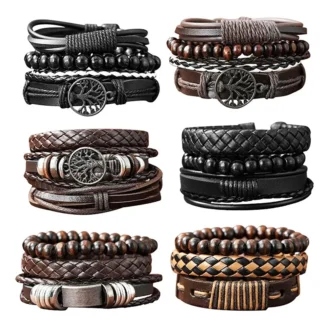 Pulseras de cuero con cuentas negras para hombre y mujer, brazalete multicapa, triángulo hueco, joyería Tribal, Vintage, 2024
