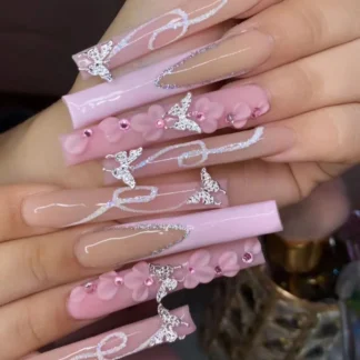 Uñas postizas de ataúd largo, diseño de flores francesas rosas, con diamantes de imitación de mariposa, usable, Ballet, 24 piezas
