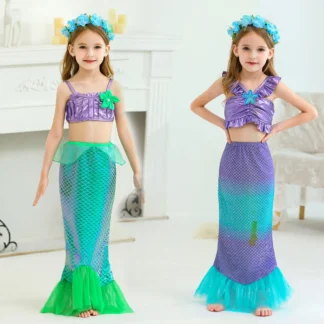 Disney-Conjunto de ropa de sirena para niña, vestido de princesa púrpura, juego de rol, traje de playa, Bikini Swimmable, 3 piezas