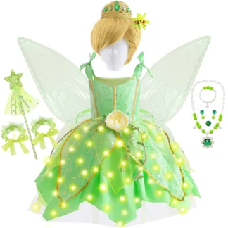Vestido de campana de Tinker con alas para niñas, disfraz de Hada de Tinkerbell de lentejuelas de lujo, trajes de dibujos animados de fantasía de Halloween, vestido de princesa verde