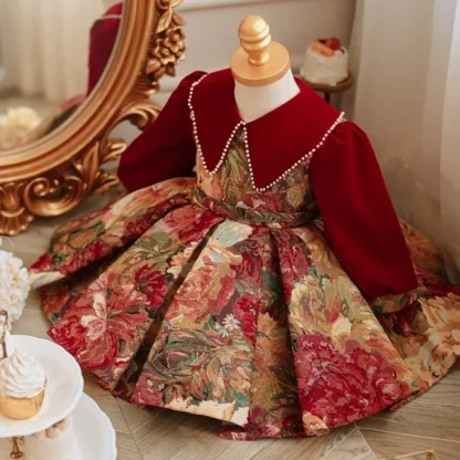 Vestido de princesa de flores para niñas, vestido de baile de manga larga para fiesta elegante, disfraz de cumpleaños infantil Lolita, rojo, Año Nuevo, lujoso