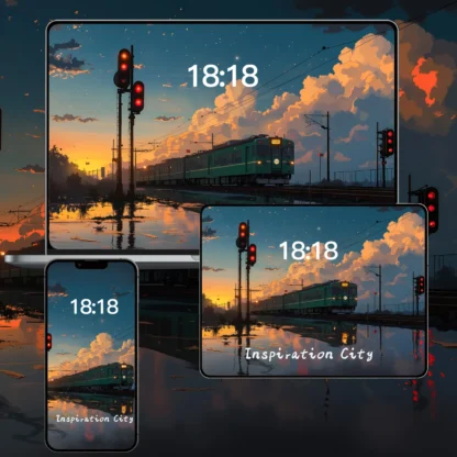 Ordenador MAC, Ipad, tableta, iphone, teléfono, pantalla, 6K, HD, fondos de pantalla, pantalla curativa, ilustración del tren atardecer