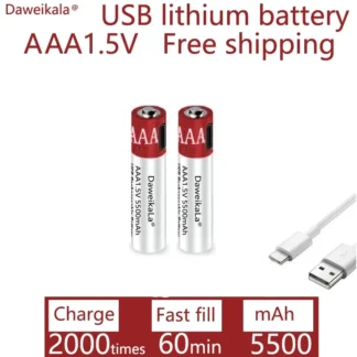 Pilas recargables USB AAA, batería de iones de litio de 1,5 V y 5500 mAh para control remoto, batería de juguete eléctrico y Cable tipo C, novedad de 2024