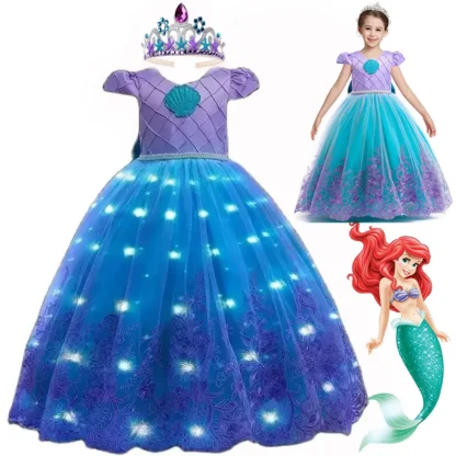 Disney-vestido azul de La Sirenita con Led para niña, vestido de princesa para fiesta de cumpleaños, Halloween, fantasía, Cosplay, Ariel, tutú