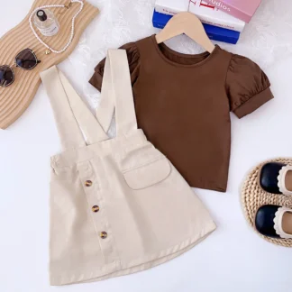 Conjuntos de ropa para niños, Camiseta con cuello redondo marrón, falda con tirantes, conjunto de 2 piezas, ropa de diseño para niñas de 3 a 7 años, novedad de 2024