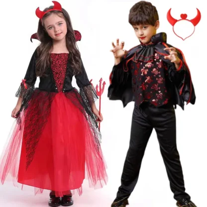 Juego de rol para niños, disfraz de novia fantasma y vampiro, Reina del diablo gótica para niñas y niños con diadema, trajes de Halloween, ropa de fiesta de Carnaval