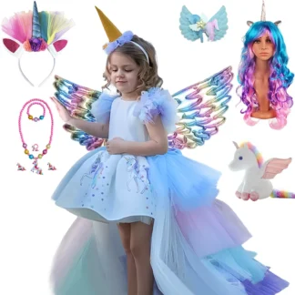 Vestido de unicornio escalonado de arcoíris hasta el suelo para niña, disfraz de caballo para fiesta de cumpleaños, Carnaval, Halloween