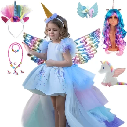 Vestido de unicornio escalonado de arcoíris hasta el suelo para niña, disfraz de caballo para fiesta de cumpleaños, Carnaval, Halloween