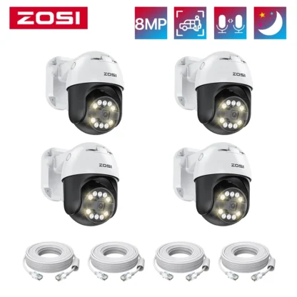 ZOSI-cámara de seguridad IP C296 2PK/4PK 8MP PoE PTZ para exteriores con detección de vehículos humanos, visión nocturna a Color 4K, vigilancia